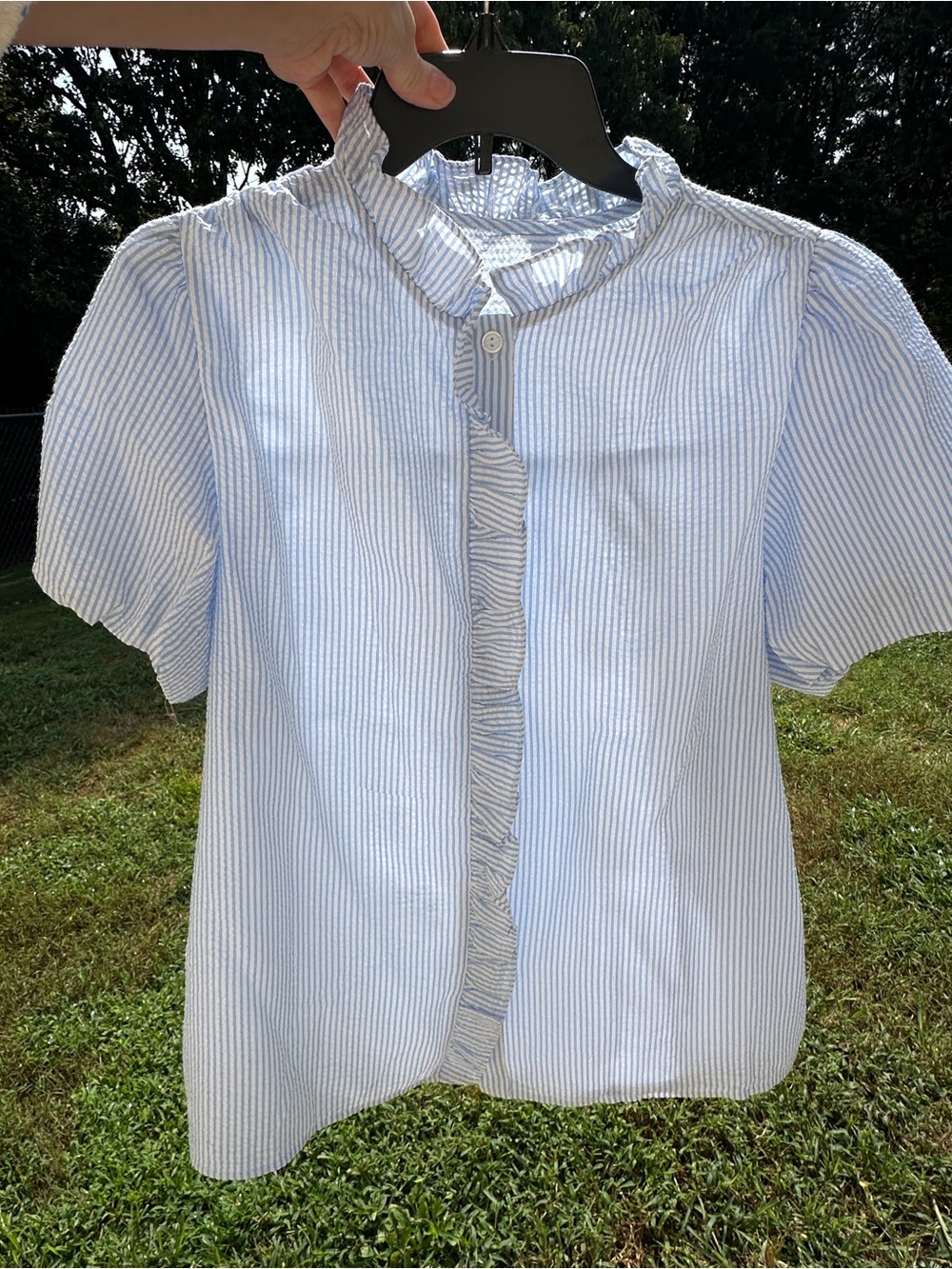 Women’s Light Blue Striped Ruffle Button-Up Top XL